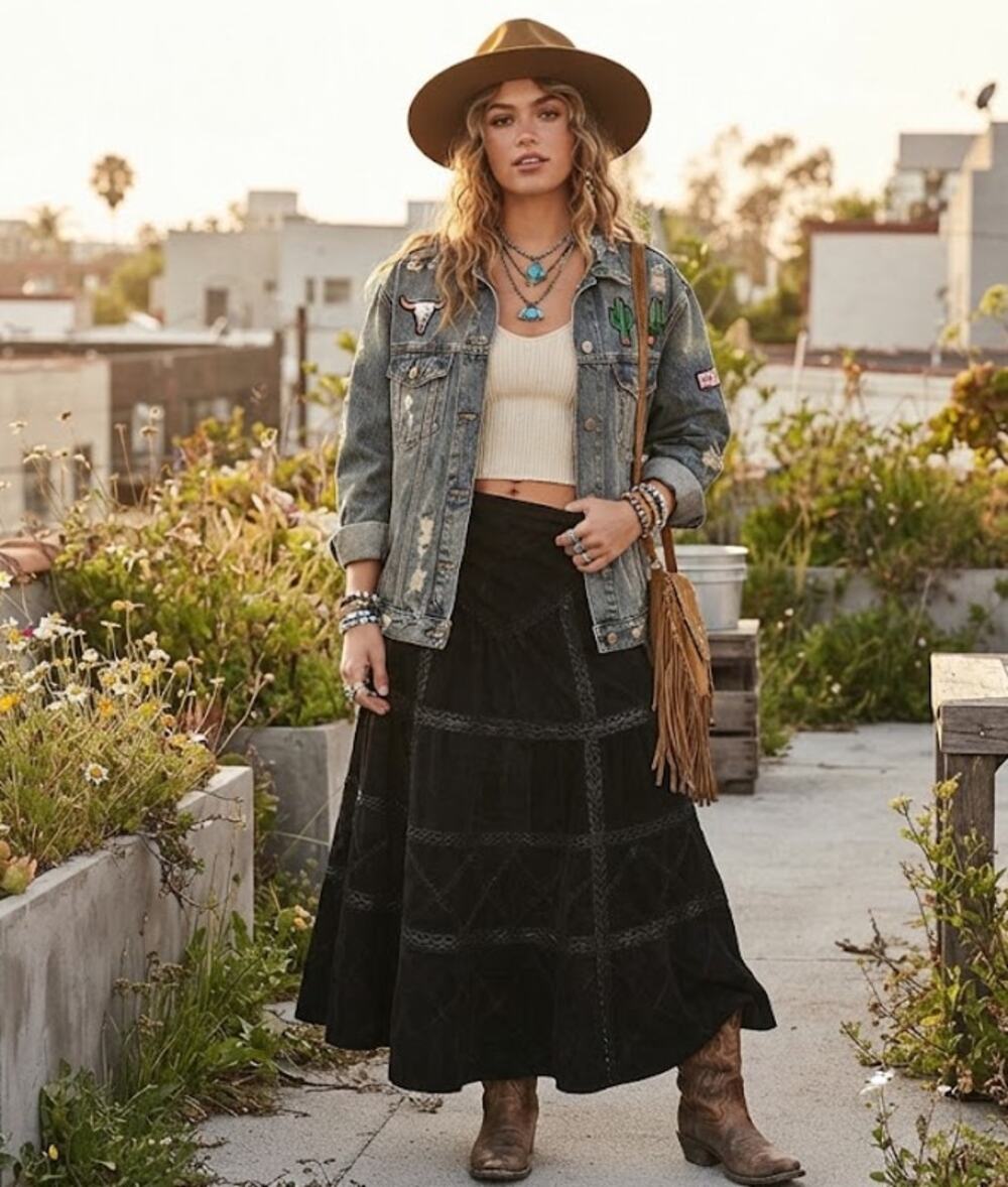 Vintage S.M.H. Black Suede Patchwork Maxi Skirt 24W Leather Crochet Boho Western